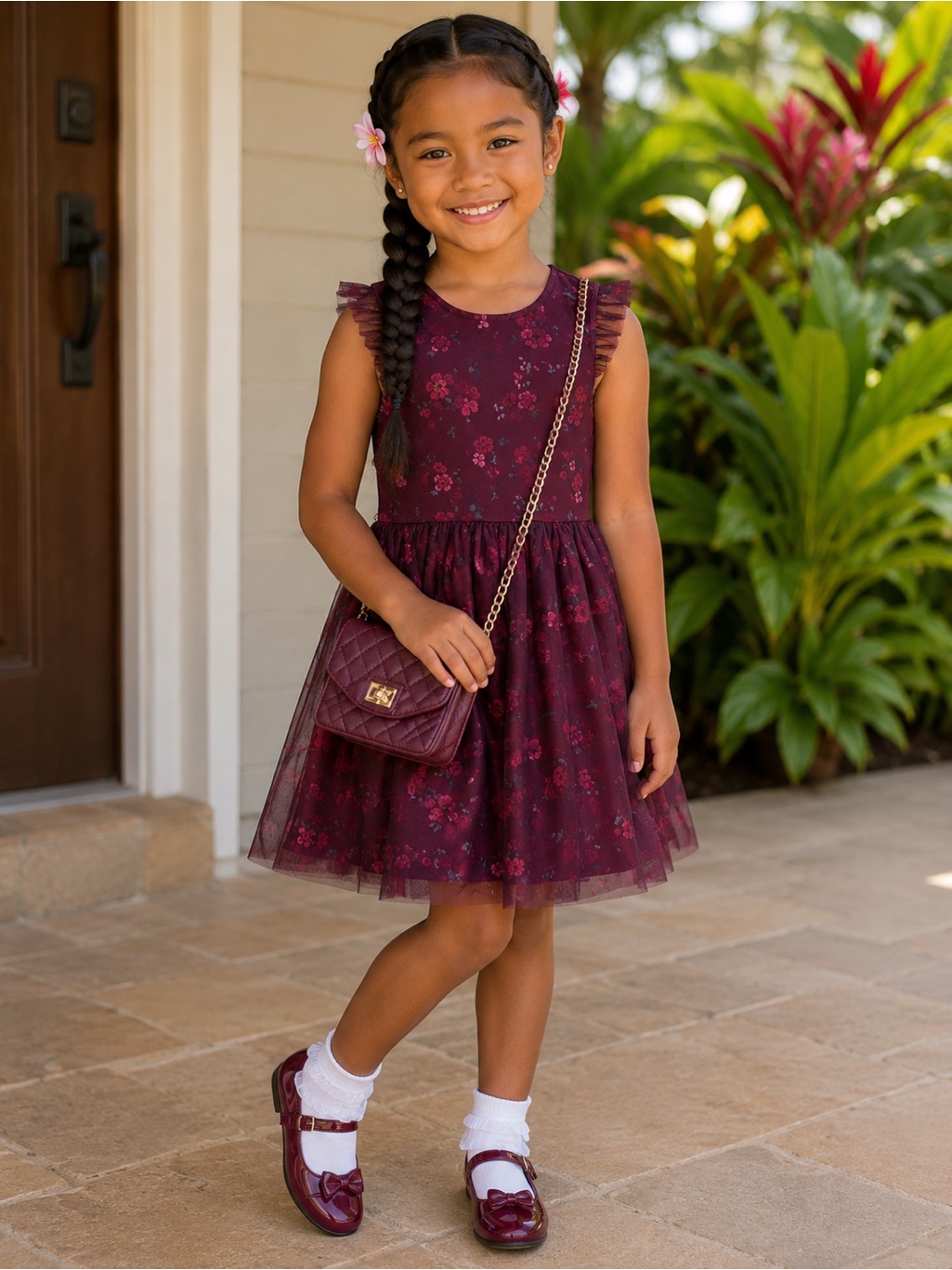 George Girl's Burgundy Floral Tulle Party Dress Size 6